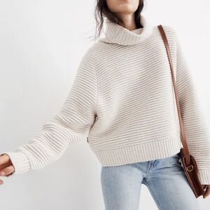 Madewell Side Button Chunky Wool Blend Cream Turtleneck Sweater - Small